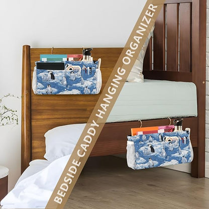 Bedside Caddy Hanging Bunk Bed Caddy Bed Organizer Hanging Pocket with 2 Hooks Bedside Storage Organizer Pocket Bag Holder Blue Penguins Ice Floes Snow Water