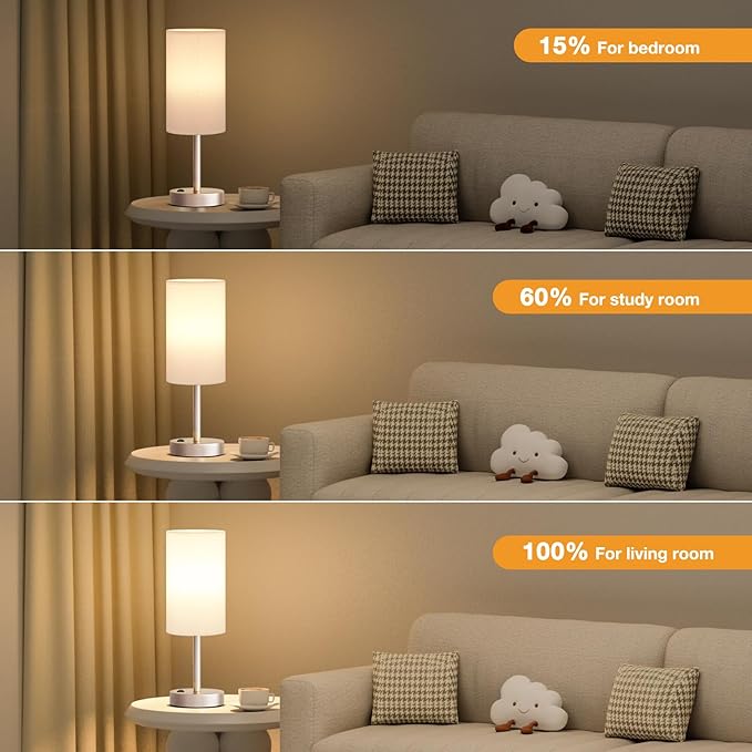 Fenmzee Antique White Bedside Table Lamp for Bedroom - 3 Way Dimmable Touch Lamp USB C Charging Ports and AC Outlet, Small Lamp Gold Base Round Flaxen Fabric Shade for Living Room, Desk