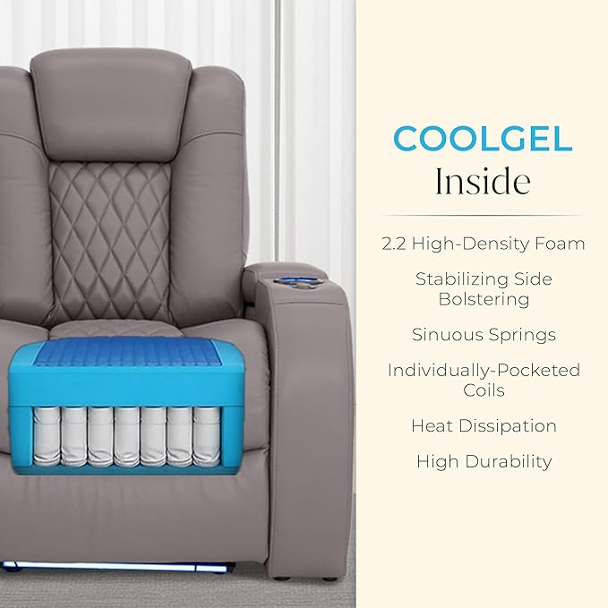 Seatcraft Diamante Zero-Gravity CoolZero Italian Leather Home Theater Seating, Power Headrest, Power Recline, Row of 5 Left Loveseat, Gray