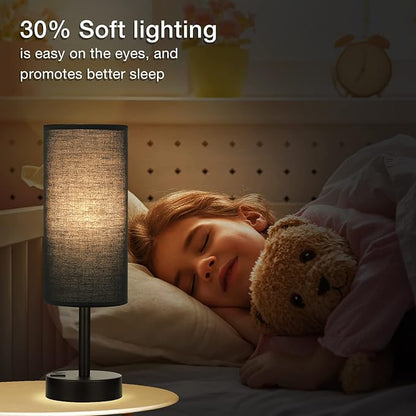 Black Touch Nightstand Lamps for Girl - Small Bedside Lamp with USB-C and USB Charging Ports, 3 Way Dimmable Control Table Lamp for Living Room Office, Dorm, Reading with Fabric Shade Black Base
