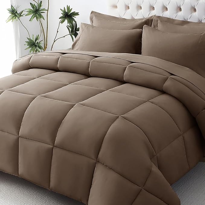JOLLYVOGUE Queen Comforter Set, Ultra-Soft Bed in a Bag Queen Size 7 Pieces, Oeko-TEX Certified Bedding Set with Down Alternative Comforter, Sheets, Pillowcases & Shams, Brown
