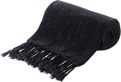 BATTILO HOME Black Throw Blanket for Couch, Bed, Sofa - Soft Cozy Chenille Throw with Fringe Tassels, Lightweight Chenille Knit Throw for Home Decor, 50"x60"