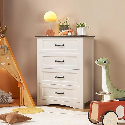 Gizoon Dresser for Bedroom with 4 Drawers Wooden Chest of Drawers for Closet Dresser Storage Unit Organizer for Hallway Living Room and Office, White and Rustic