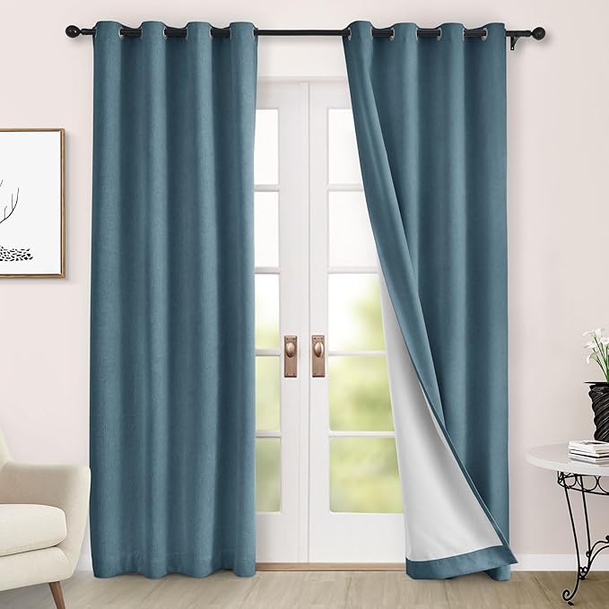 Macochico 100% Blackout Curtains Thermal Insulated Noise Reducing Chenille Curtains for Hotel Auditorium Bedroom Living Room Grommet Teal Blue Curtains with Tieback Classic 52" Wx84 L 1 Panel