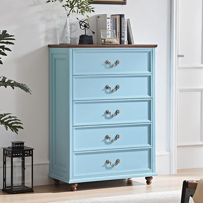 24" Wide Farmhouse Nightstand with Charging Station Set of 2, 45" Tall Rustic Chests of 5 Drawers w/ 4 Solid Wood Feet, Farmhouse Furniture Series for Living Room,Bedroom,LightBlue