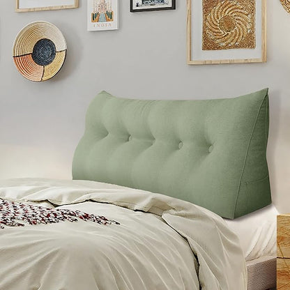 homecozy Wedge Headboard Pillow Dorm Room Reading Pillow Back Support for Sitting Up in Bed Bolster Lumbar Cushion Body Positioning Bedrest Cotton Linen 59in Grass Green Queen