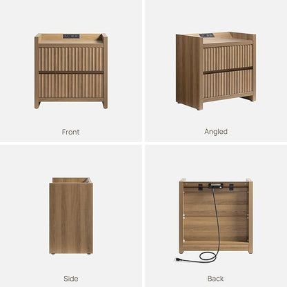 SICOTAS Night Stand Fluted Nightstands with Charging Station- Modern 2 Drawers Nightstand 25" Tall Bedside Table End Table, Large Night Stands for Bedroom, Living Room Sofa Side (Caramel Oak, 1 Piece)