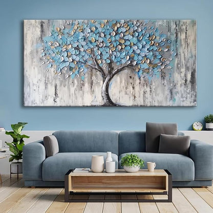 Blue Tree Canvas Wall Art - Modern Botanical Paintings for Living Room, Bedroom Wall Decor, Framed Wall Art for Home or Office Decoration, Large Wall Art 50x100cm(20x40in)