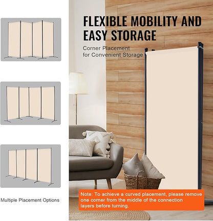 VEVOR Room Divider, 4 Panel Room Divider, Folding Privacy Screen and Portable Partition Divider for Room Separation, Freestanding Room Partitions for Office, Bedroom, Study, Beige