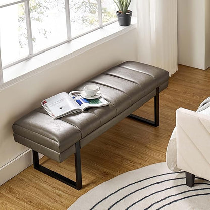 HULALA HOME 53" Faux Leather Entryway Bench, Button Tufted End of Bed Bench Ottoman for Bedroom, Living Room with Metal Base, Grey