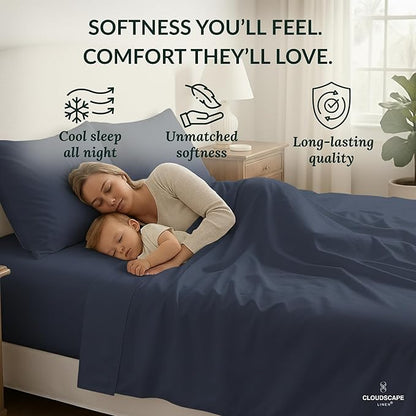 Cloud Scape Linen 100% Egyptian Cotton Sheets Full Size, 4 Pieces Luxury Bedding Set, 400 Thread Count,Hotel Quality, Silky Soft, Deep Pockets up to 17, Dark Denim