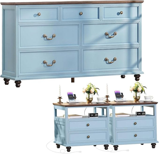 Farmhouse Furniture Set, Nightstands Set of 2 and 7 Drawers Dresser for Bedroom, 54 Inch Wide Wood Dresser and 24" Night Stands with Charging Station for Bedroom, Living Room, Hallway