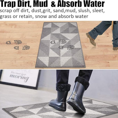 Indoor Doormat 32"x 48", Absorbent Front Back Door Mat, Rubber Backing Non Slip Floor Mats Inside Mud Dirt Trapper Outside Entrance Front Door Rug Carpet, Machine Washable Low Profile - Grey Geome