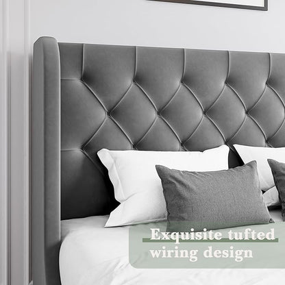HOMBCK Full Size Bed Frame, Grey Upholstered Platform Bed Frame with Headboard, Velvet Tufted, Curved Wingback Design, Wooden Slats, No Box Spring, Noise Free, Easy Assembly