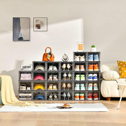 10 Pack Shoe Boxes Stackable,Upgraded Sturdy Storage Boxes with Clear Magnetic Door,Multifunctional Sneaker Organizer Fit up to US Size 12 (13.8”x 9.84”x 7.1”)