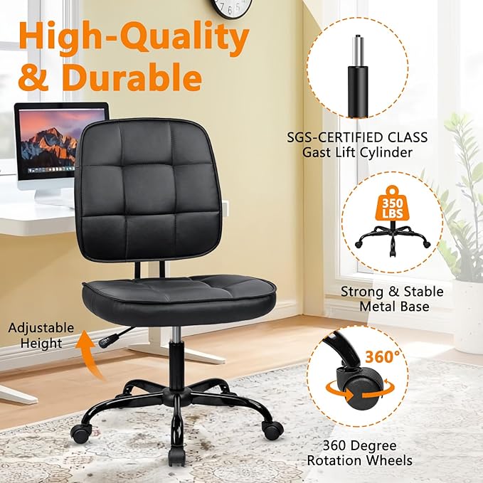 CLATINA Armless Home Office Chair with Lumbar Support and Wheels, Small PU Leather Ergonomic Low Back Desk Chairs No Arms, Adjustable Height 360° Swivel Rolling Computer Task Chair, Black, 6 Pack