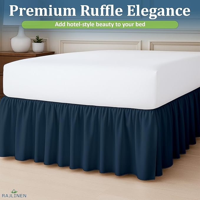Rajlinen Ruffled Bed Skirt Twin, 18 Inch Drop Dust Ruffle with Split Corners, 100% Microfiber Bedskirt with Platform, Three-Sided Coverage Ruffled Gathering Design, Navy Blue