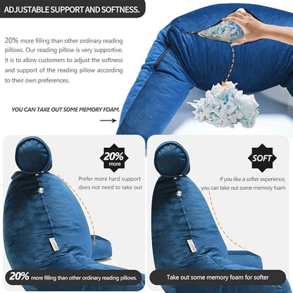 mittaGonG Reading Pillow for Sitting in Bed Adult with Detachable Neck Roll & Big Backrest Pillow for Bed Sitting up with Arms Side Pocket Shredded Foam Back Pillows Chair Pillow with Washable Cover