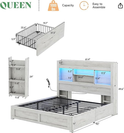 AMERLIFE Queen Bed Frame with 4 Storage Drawer, LED Bed Frame with 49.6" Tall Bookcase Headboard, Wood Platform Bed with Charging Station & 2 Slide Bedside Shelf, No Box Spring Needed/Distressed White