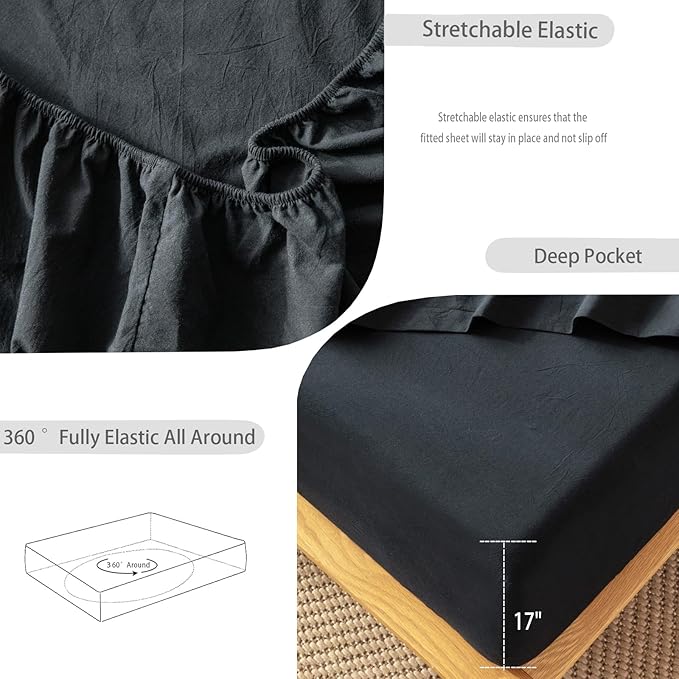 MooMee Fitted Bottom Sheet Only 100% Washed Cotton Linen Like Textured Breathable Durable Soft Comfy Deep Pocket Fits Mattress up to 17" (Black, King)