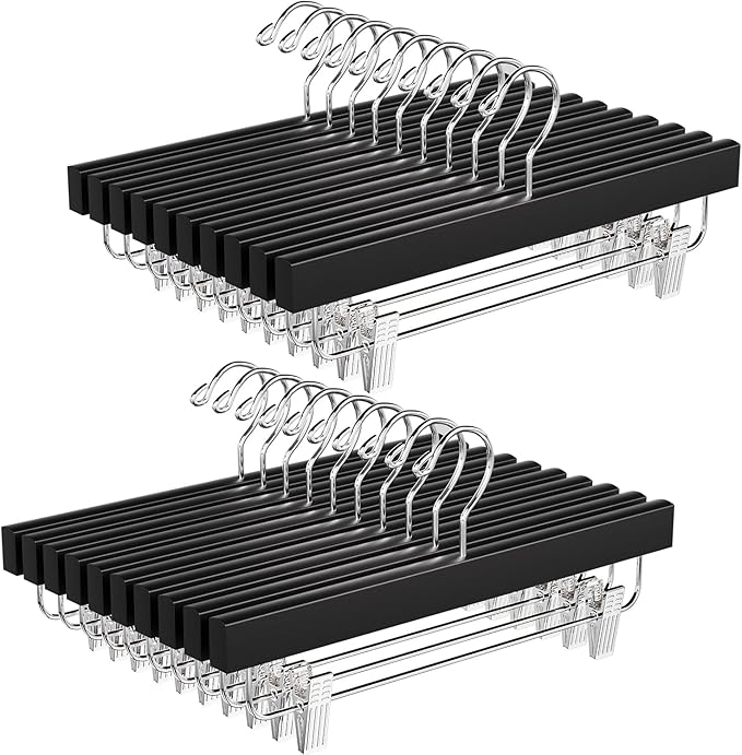 BAGAIL 20 Pack Wooden Pants Hangers with Adjustable Clips, 360°Swivel Hook Space Saving Skirt Holders with Anti-Rust Clips for Trousers, Jeans, Shorts (Black)