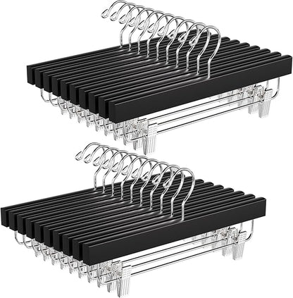 BAGAIL 20 Pack Wooden Pants Hangers with Adjustable Clips, 360°Swivel Hook Space Saving Skirt Holders with Anti-Rust Clips for Trousers, Jeans, Shorts (Black)