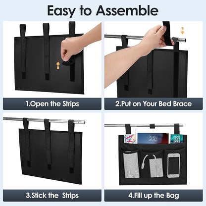 Bedside Caddy Storage Organizer, Hanging Storage Bag Pocket for Bunk/Hospital Beds,College Dorm Organizer for Remotes Phone,College Dorm,Camp,Bed Rails(4 Pockets),Black