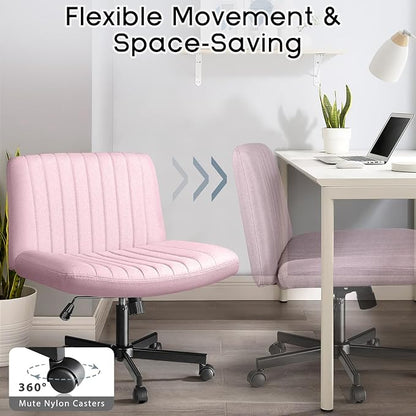 PUKAMI Criss Cross Chair with Wheels,Fabric Padded Armless Cross Legged Office Desk Chair for Home Office,Modern Swivel Height Adjustable Wide Seat Computer Task Vanity Chair(Pink)