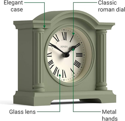 JONES CLOCKS® Kensington Mantel Clock | Classic Arch top Clock | Sage Green | Stylish & Contemporary | Ideal for Desk, Mantelpiece, Bookshelf or Bedside