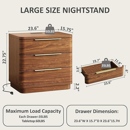 Nightstands Set of 2, Bedside Table with 3 Storage Drawers, 24" Tall Wood Night Stand with Charging Station, Modern Wide End Table Side Table W/Metal Handle Curved Profile for Bedroom