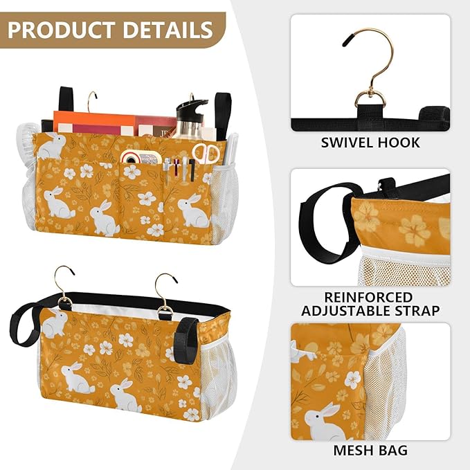 Bedside Caddy Hanging Bunk Bed Caddy Bed Organizer Hanging Pocket with 2 Hooks Bedside Storage Organizer Pocket Bag Holder White Flowers Bunny Orange Leaf