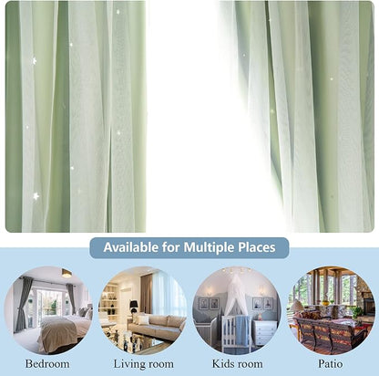 Star Double Layer Blackout Curtains for Bedroom, Kids - Cute, 108 Inches Long, 2 Panels Set, Green, 42 X 108 Inches