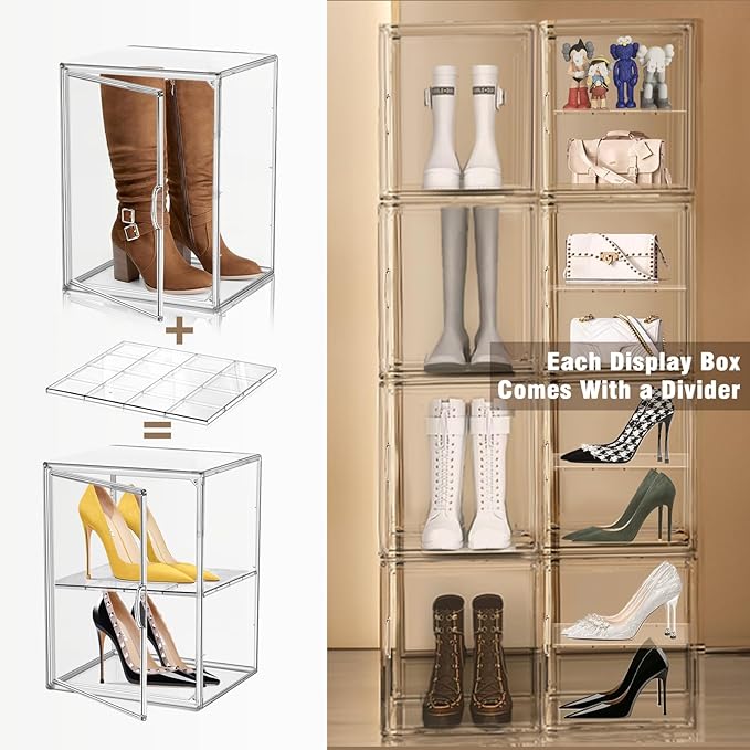 2 Pcs Shoe Display Case, XX-Large Tall Boot Storage Box Transparent Handbag Organizer for Closet Acrylic Shoe Box Clear Plastic Stackable Sneaker Collectibles Case with Detachable Divider
