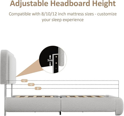 Queen Size Boucle Platform Bed Frame, Upholstered Cloud with Adjustable Headboard, Anti-Collision Soft Rounded Corners, No Box Spring Required, Easy Assembly, Noise Free