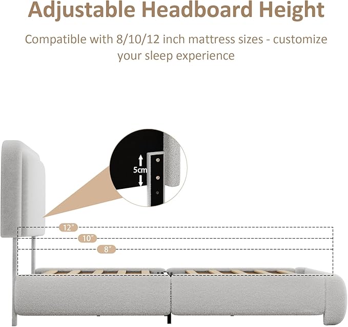 King Size Boucle Bed Frame, Upholstered Cloud Platform Bed Frame with Headboard, Anti-Collision Soft Rounded Corners, No Box Spring Required, Easy Assembly, Noise Free, Adjustable Headboard