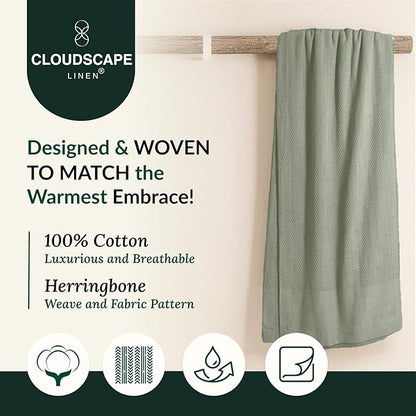 Cloud Scape Linen 100% Cotton Blanket 92x92 Olive Green - Cozy Herringbone Weave, Fits Up to for Full Size Beds, Breathable Softness, All-Season Warmth, Winter Blanket, for Women