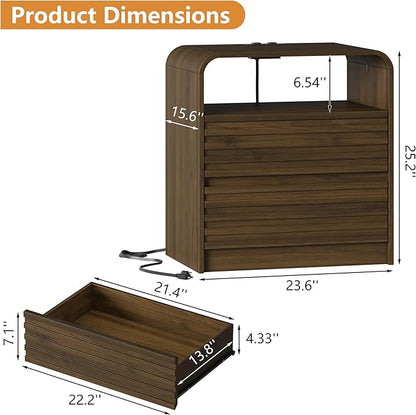 24” Wide Modern Fluted Nightstand with Charging Station, Wood Bedside Table with 2 Storage Drawers, Mid Century End Table Nigthstand with Curved Profile for Bedroom, Living Room, Walnut