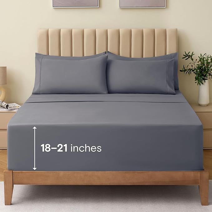 LuxClub 4 PC Extra Deep Pocket Queen Sheet Set, Wrinkle Free Cooling Bed Sheets Hotel Bedding for Women, Men, Includes 1 Fitted Sheet, 1 Flat Sheet and 2 Pillowcases- Light Grey