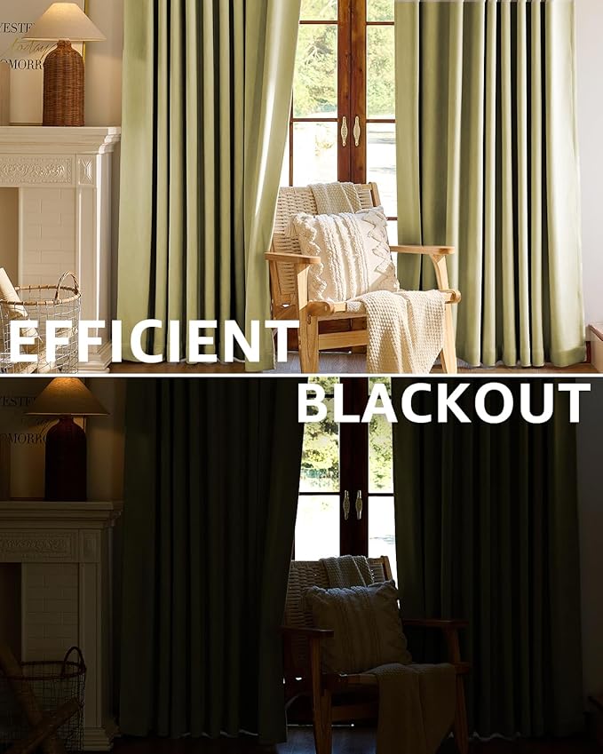 jinchan Chenille Blackout Curtains 96 Inches Long 2 Panels Sage Green Thermal Insulated Curtains for Living Room Bedroom Back Tab Window Curtains Triple Weave Noise Reducing Drapes 50x96 Inch