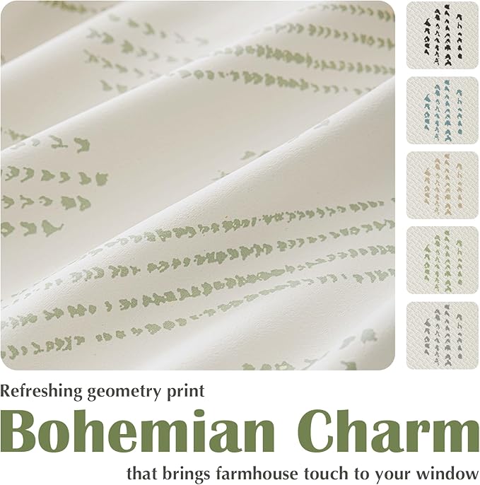 100% Boho Blackout Curtains 96 Inches Long for Bedroom, Green on Beige Patterned Bohemian Curtains for Living Room, Geometric Striped Thermal Insulated Window Drapes Gromment Top 2 Panels