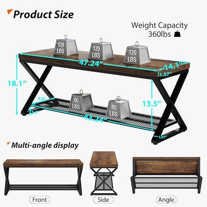 LVB Rustic Entryway Bench, 47” Shoe Bench with Storage for Entry Way, Industrial Shoe Rack Bench with Seating for Foyer Entrance, Farmhouse Wood Bench for Hallway Living Room Bedroom, Rustic Brown