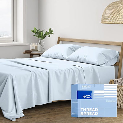 THREAD SPREAD 100% Cotton Sheets King Size - 400 Thread Count King Size Sheets Set (4 PC, Light Blue), 16" Deep Pocket All Around Elastic, Soft, Cooling, Durable & Breathable Sateen Bed Sheet Set