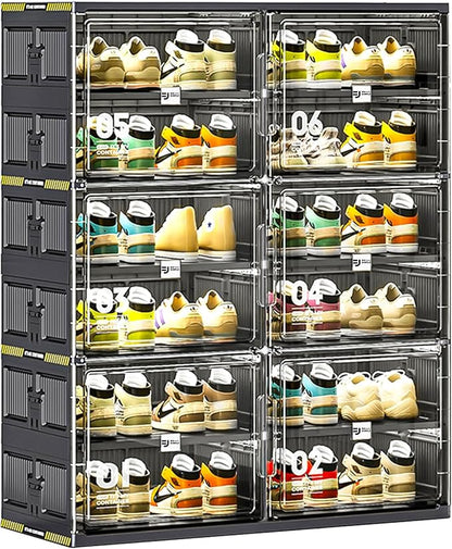 24 Pairs Portable Shoe Storage Cabinent of 3-Step Fast Installation,Plastic Shoe Box with Magnetic Clear Door for Entryway, Enclosed Shoe Rack for Sneaker, Heels etc.. (2Row, 6Tier)