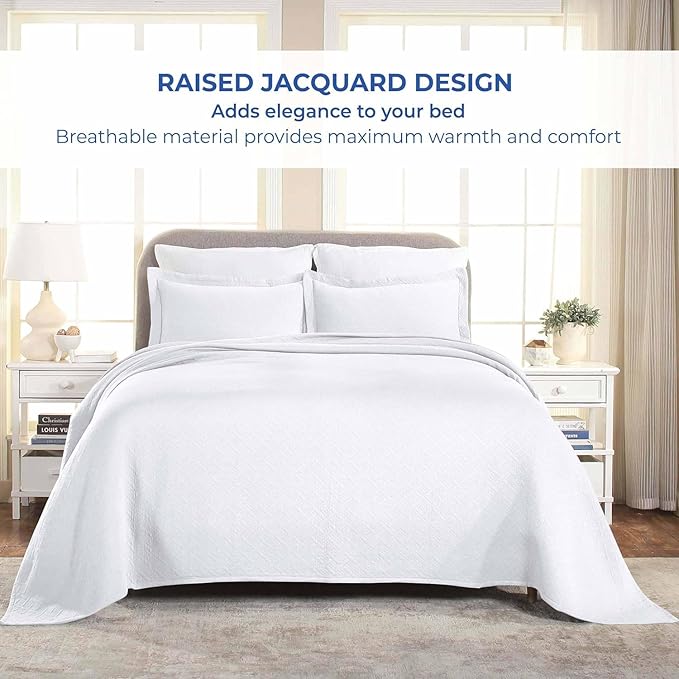 Superior 100% Cotton Basket Weave Bedspread with Shams, All-Season Premium Cotton Matelasse Jacquard Bedding, Quilted-Look Geometric Basket, King, White