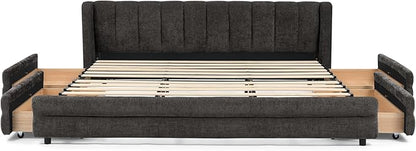 DEINPPA King Size Bed Frame with 4 Storage Drawers and Cloud Soft Headboard, Chenille Upholstered Grounded Wood Base Bed Frame, No Box Spring Needed-Dark Grey