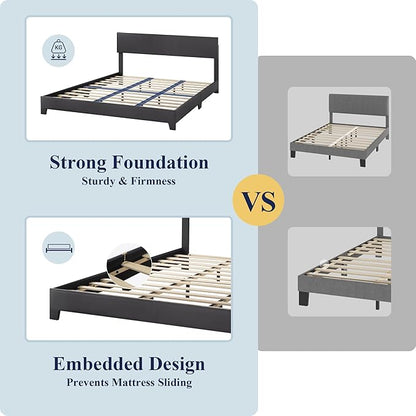 Allewie King Size Bed Frame with Adjustable Headboard, Faux Leather Platform Bed with Wood Slats, Heavy Duty Mattress Foundation, No Box Spring Needed, Noise-Free, Easy Assembly, Black