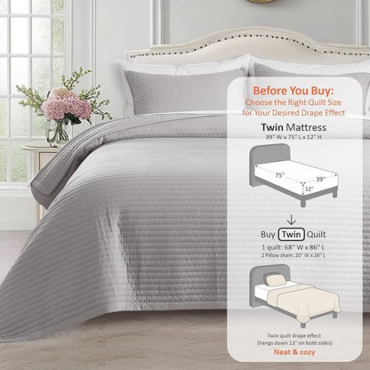 KASENTEX Twin Quilt Set 68"x86" – Soft Washed 3-Layer Lightweight Bedspread, Minimalist Nordic Design, All-Season Spring & Summer Quilt Set (1 Quilt + 2 Pillow Shams), Gull