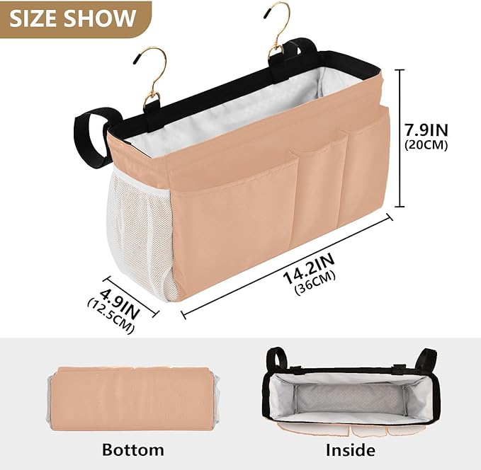 KOPIRIT Peach Orange Bedside Caddy Storage Bag Bedside Organizer for Headboards Bunk Beds Hanging Storage Organizer 6 Pockets with Hooks for Magazine Water Bottle Holder