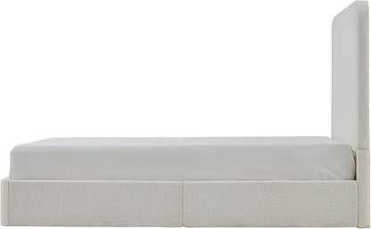 King Size Upholstered Bed Frame, 52" High Headboard Wingback Bedframes, Canter Tall Headboard Floor Platform Beds, No Box Spring Needed No Noise/Easy Assembly/Minimalist, Pearl White Chenille