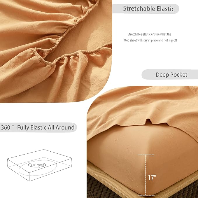 MooMee Fitted Bottom Sheet Only 100% Washed Cotton Linen Like Textured Breathable Durable Soft Comfy Deep Pocket Fits Mattress up to 17" (Burnt Orange, Twin)